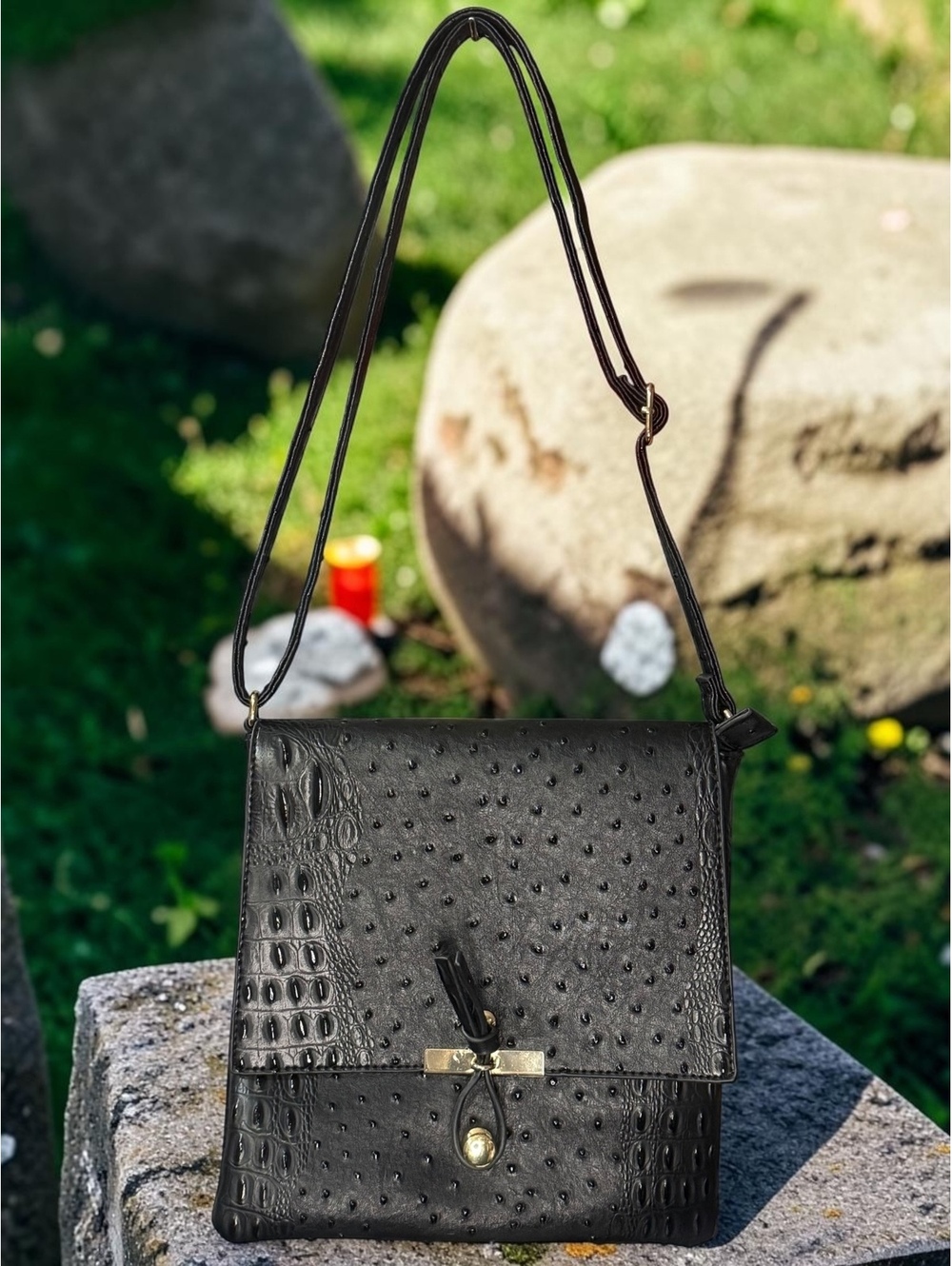 Le Miel Black Vegan Leather Ostrich Croc Embossed Crossbody Flap Bag